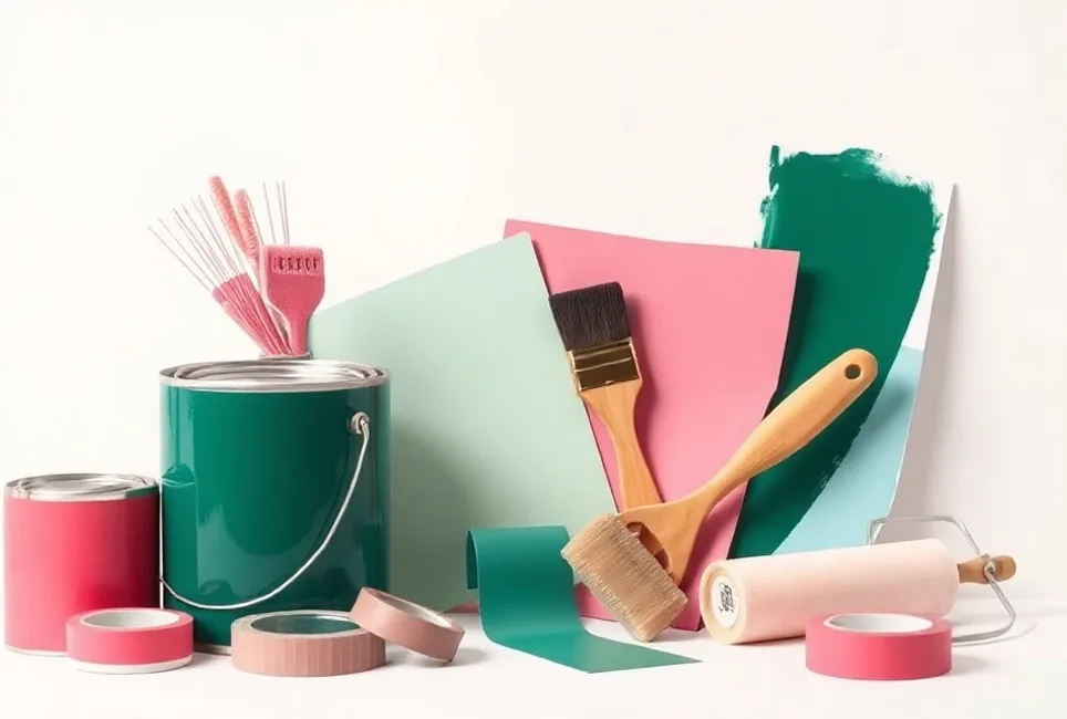 Pots de peinture, nuancier, brosses et rouleaux disposés à plat