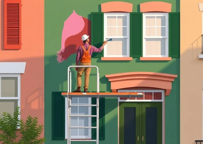 Peintre sur échafaudage traitant la façade d'une maison