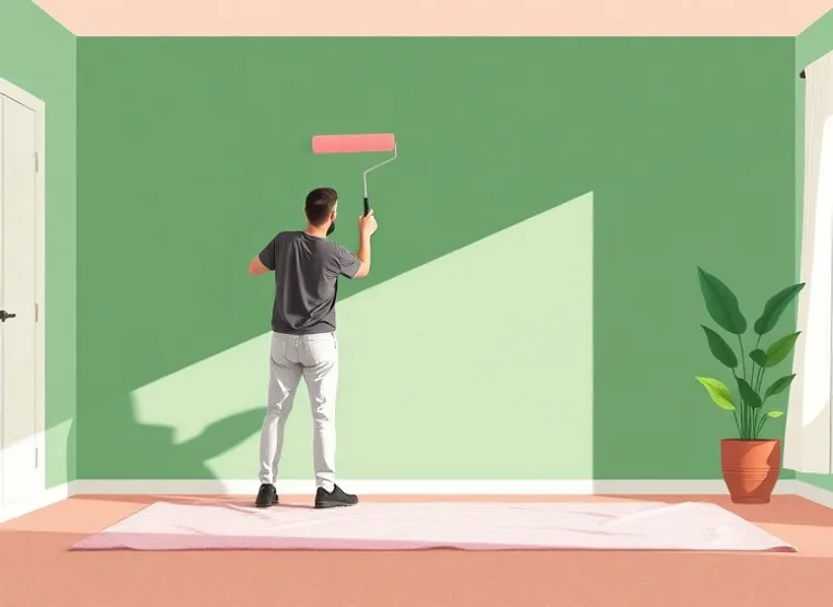 Peintre appliquant la peinture au rouleau sur un mur de salon